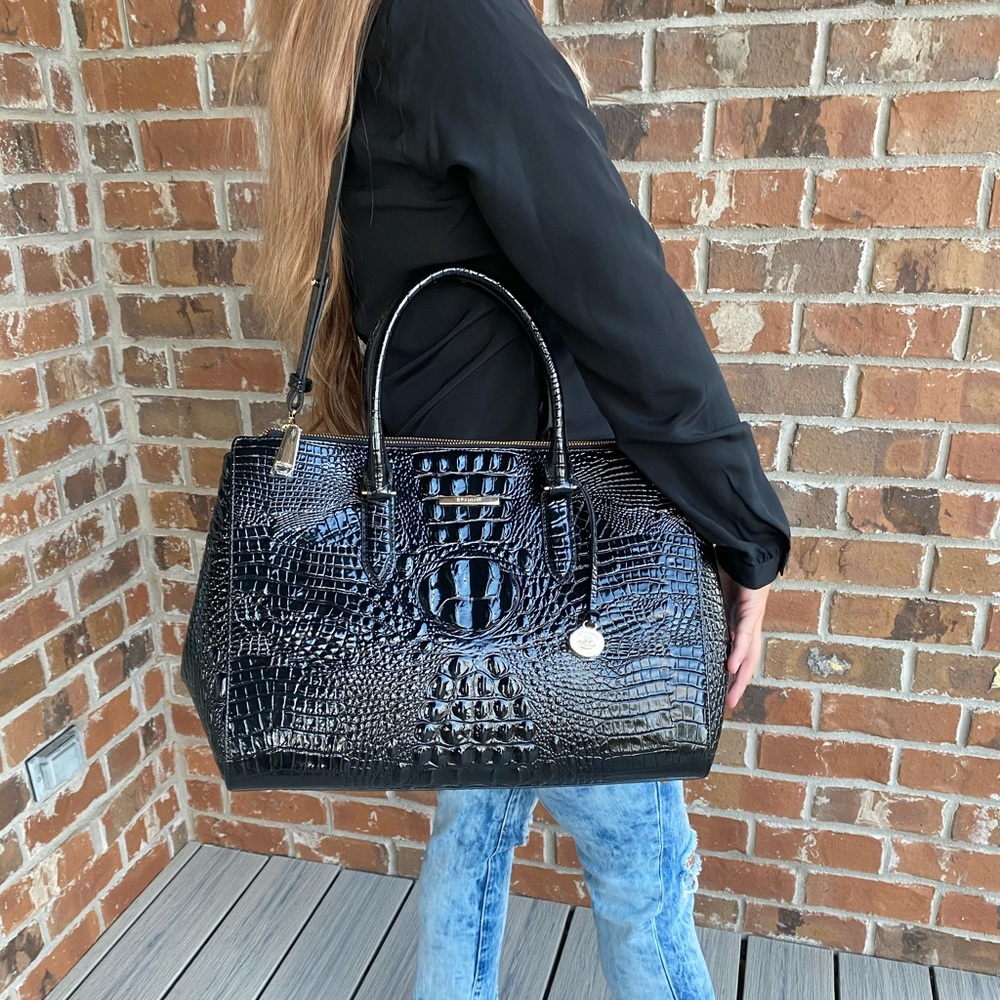 Brahmin Black Croc-Embossed Leather Satchel - Picture 2 of 11